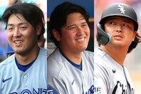 それぞれ残り日程が易しいチームに所属している岡本（左）、大谷（中央）、村上（右）。(C)Getty Images