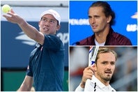 今季限りで現役を引退する錦織（左）に、これまで幾度もコート上で対峙してきたズベレフ（右上）とメドベージェフ（右下）が、賛辞を送った。（C）Getty Images