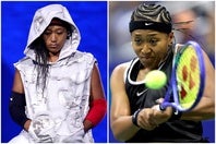 ザハロワとの２時間超えの熱戦に勝利し、全米２回戦へ進んだ大坂。バスケ界のレジェンド、アイバーソンへの敬意を込めたウェアでも注目を集めた。（C）Getty Images