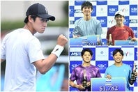 写真左：SBCドリーム国際を制した中川。写真右上：優勝の中川（左）と準優勝の松田（右）。写真右下：複優勝の楠原／中川。(C)SBC Dream Tennis Tour/長浜功明