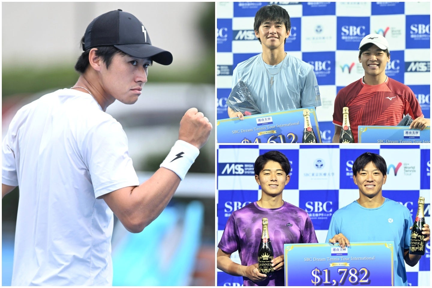 写真左：SBCドリーム国際を制した中川。写真右上：優勝の中川（左）と準優勝の松田（右）。写真右下：複優勝の楠原／中川。(C)SBC Dream Tennis Tour/長浜功明