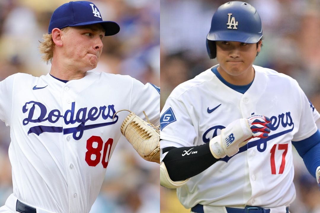 ドジャースの先発シーハンと「１番・指名打者」の大谷翔平。(C)Getty Images