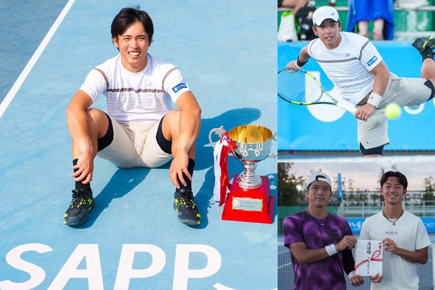 「UCHIYAMA CUP」札幌大会で国際下部ツアー２勝目を挙げた齋藤惠佑（写真左＆右上）。ダブルスは田中／丹下が準優勝（右下）。(C)UCHIYAMA CUP