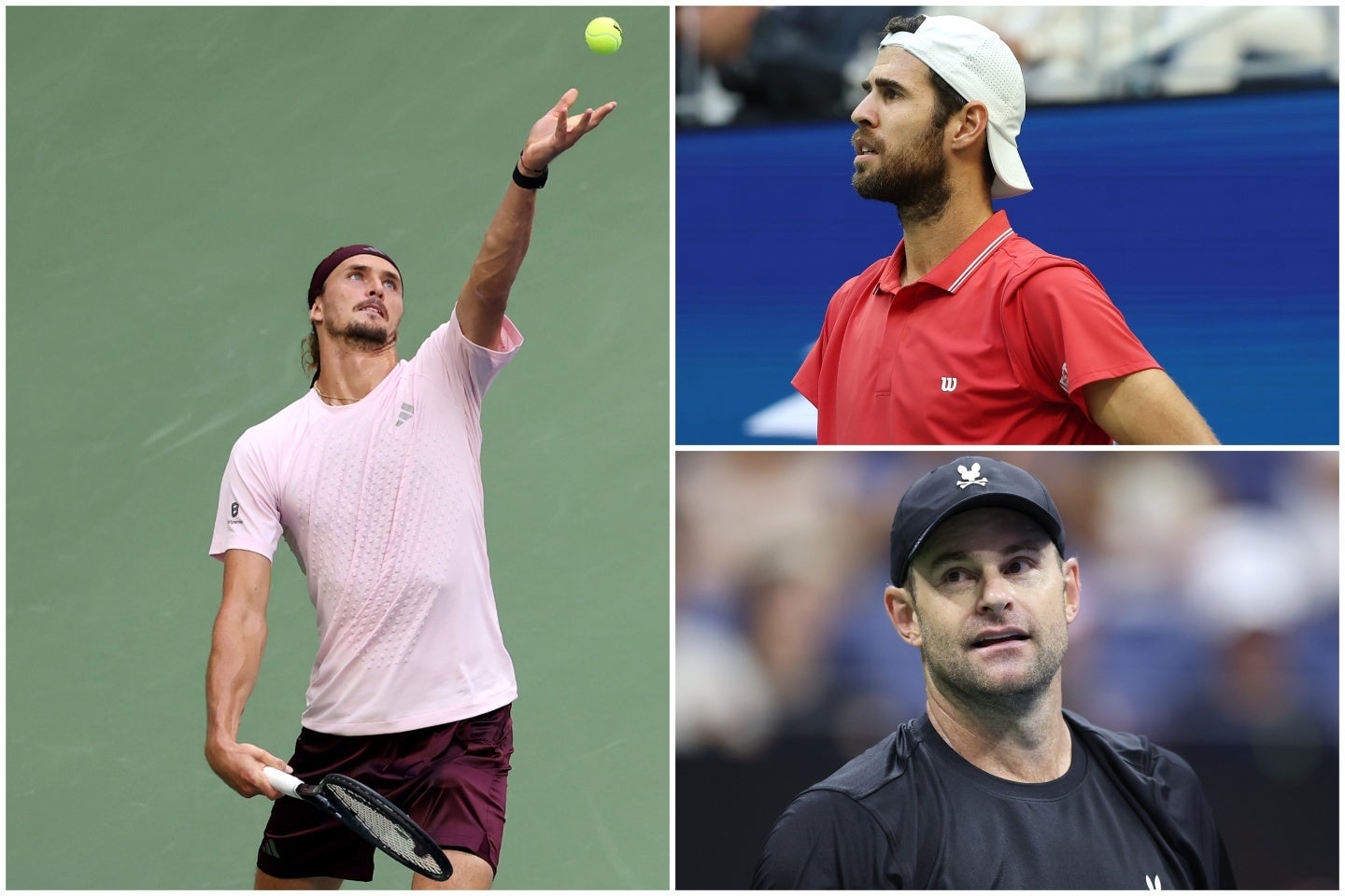 全米OP準決勝でズベレフ（左）と対戦したハチャノフ（右上）は、多すぎるボール突きについて苛立ちを口にした。ロディック氏（右下）もルール変更を提案している。（C）Getty Images