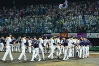 豊橋市民球場で行なわれたアジア大会の日韓戦。結果は韓国が５連覇を飾った。(C)Getty Images