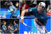 ワイルドカードで本戦に出場した坂本（右）はアルナルディ（左上）と対戦。高速サービスを軸に攻撃を仕掛けたが、要所でポイントを奪えず惜敗となった（左下）。写真：滝川敏之