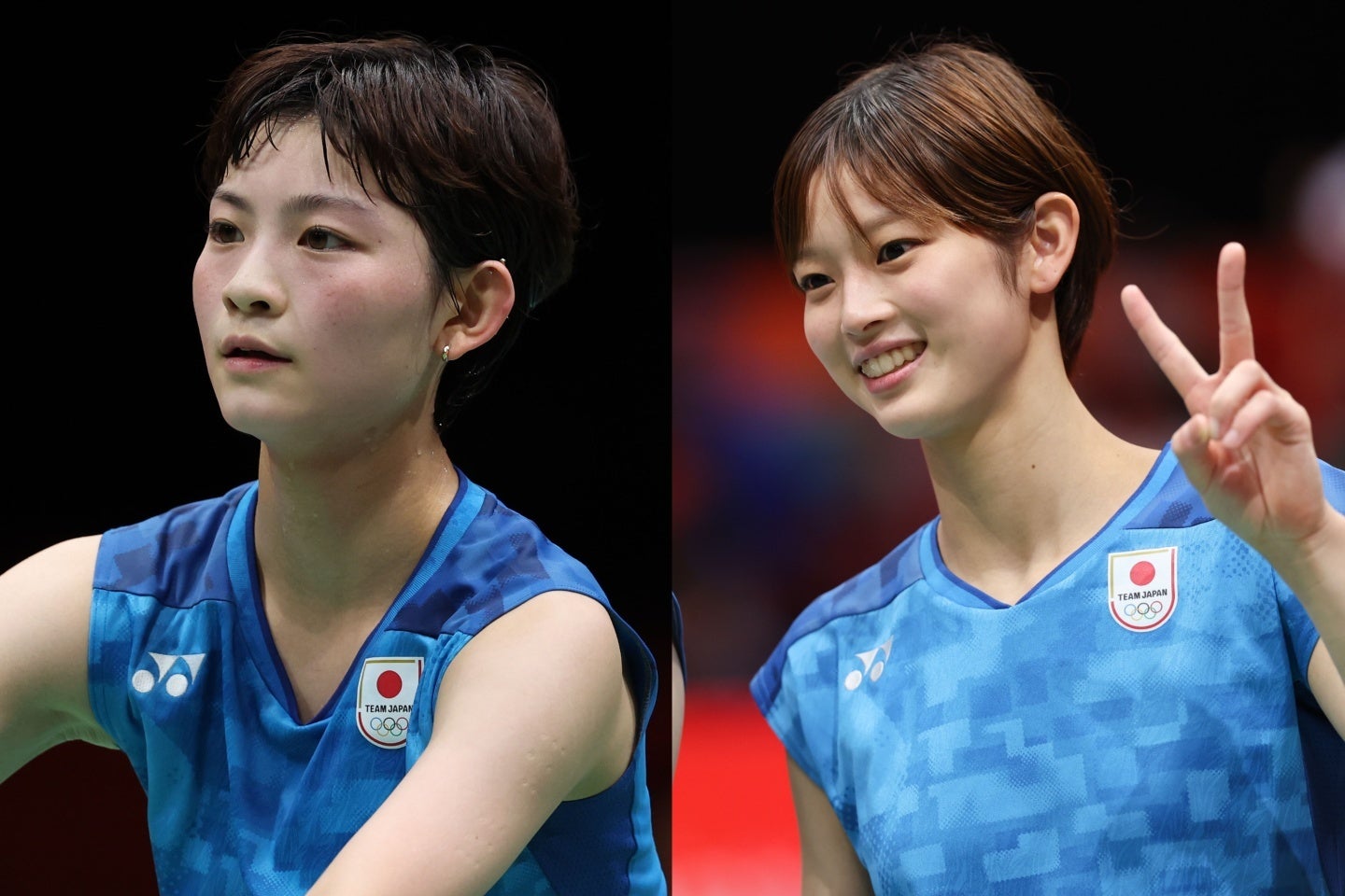 日本はバドミントン女子団体で２大会ぶりの銀メダルを獲得した。（左から）宮崎と田口がJOC写真でガラリと雰囲気を変えた。写真：梅月智史（THE DIGEST写真部）