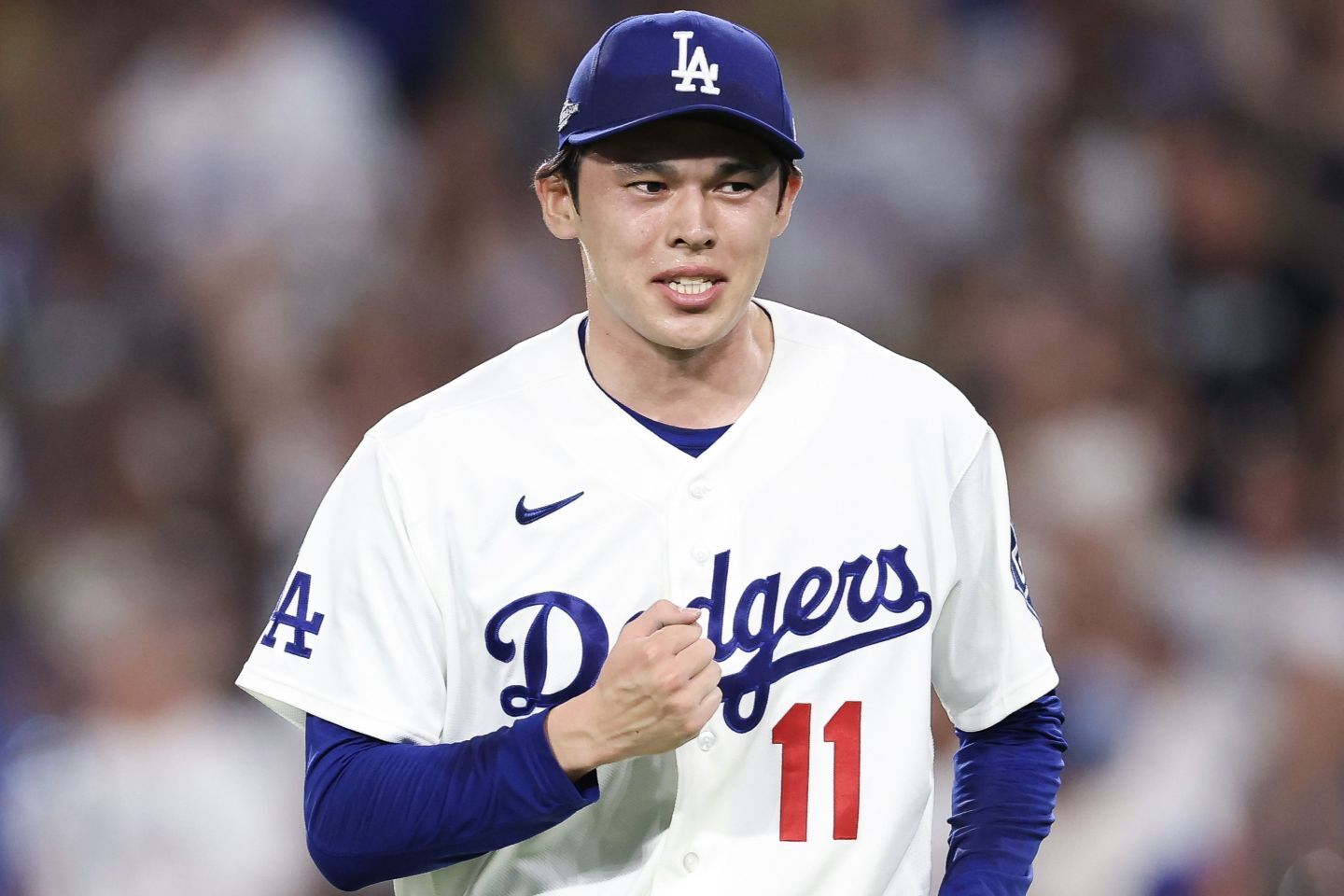 今季ポストシーズン初登板を果たしたドジャースの佐々木。(C)Getty Images