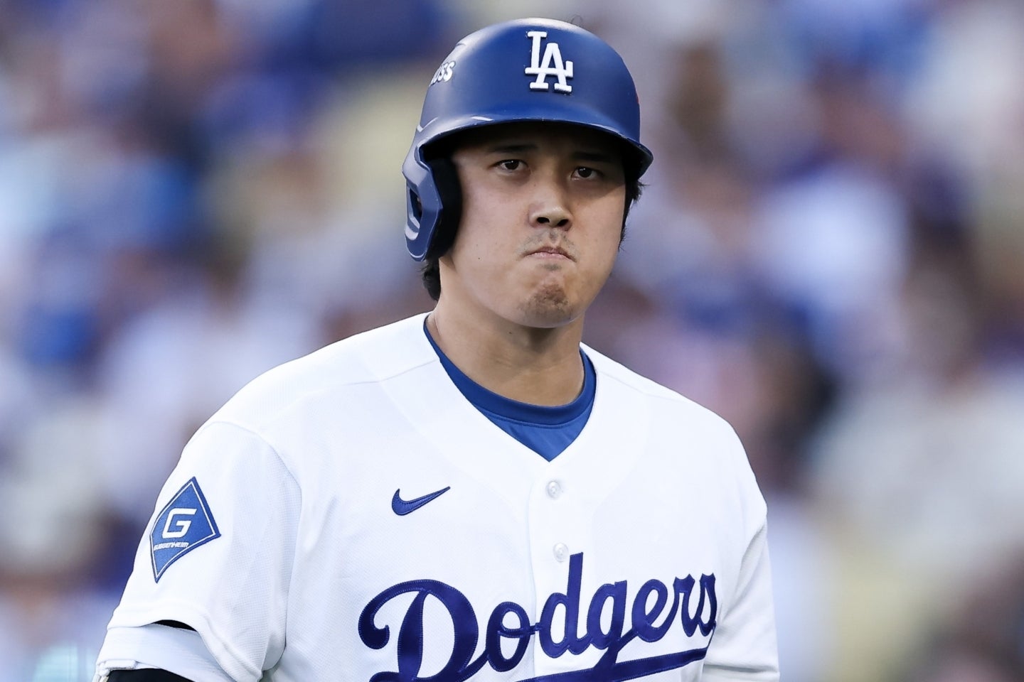 ドジャースの大谷はブレーブスとの地区シリーズ第２戦で４打数１安打、２三振。３回に訪れた１死一、二塁のチャンスでは遊飛に倒れた。(C)Getty Images