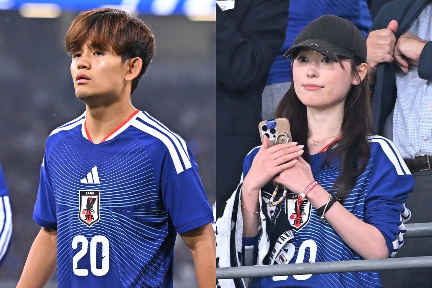 NZ戦で先発出場した久保建英（左）。現地観戦した福原遥（右）さんと夫婦共演が話題を集めている。写真：金子拓弥（THE DIGEST写真部）