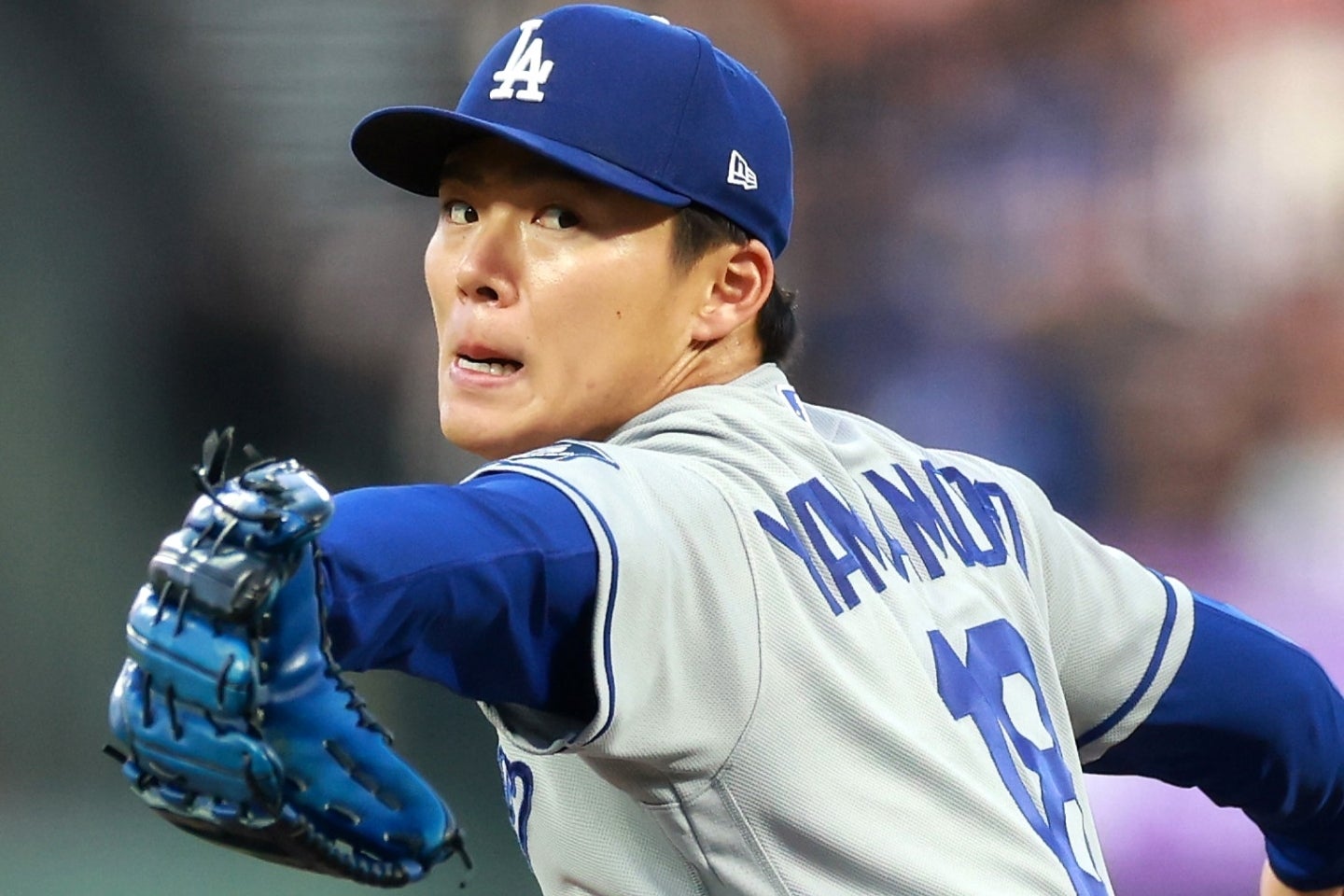 ブレーブス戦で７回、10奪三振、１失点と快投したドジャースの山本。(C)Getty Images