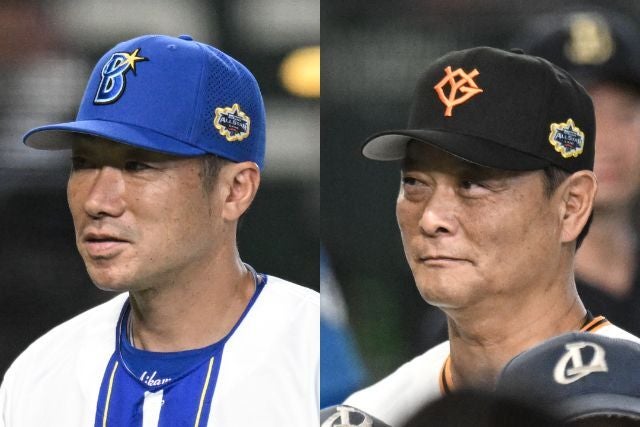 CSファーストステージで相まみえる（左から）DeNAの相川監督と巨人の橋上監督代行。写真：鈴木颯太朗