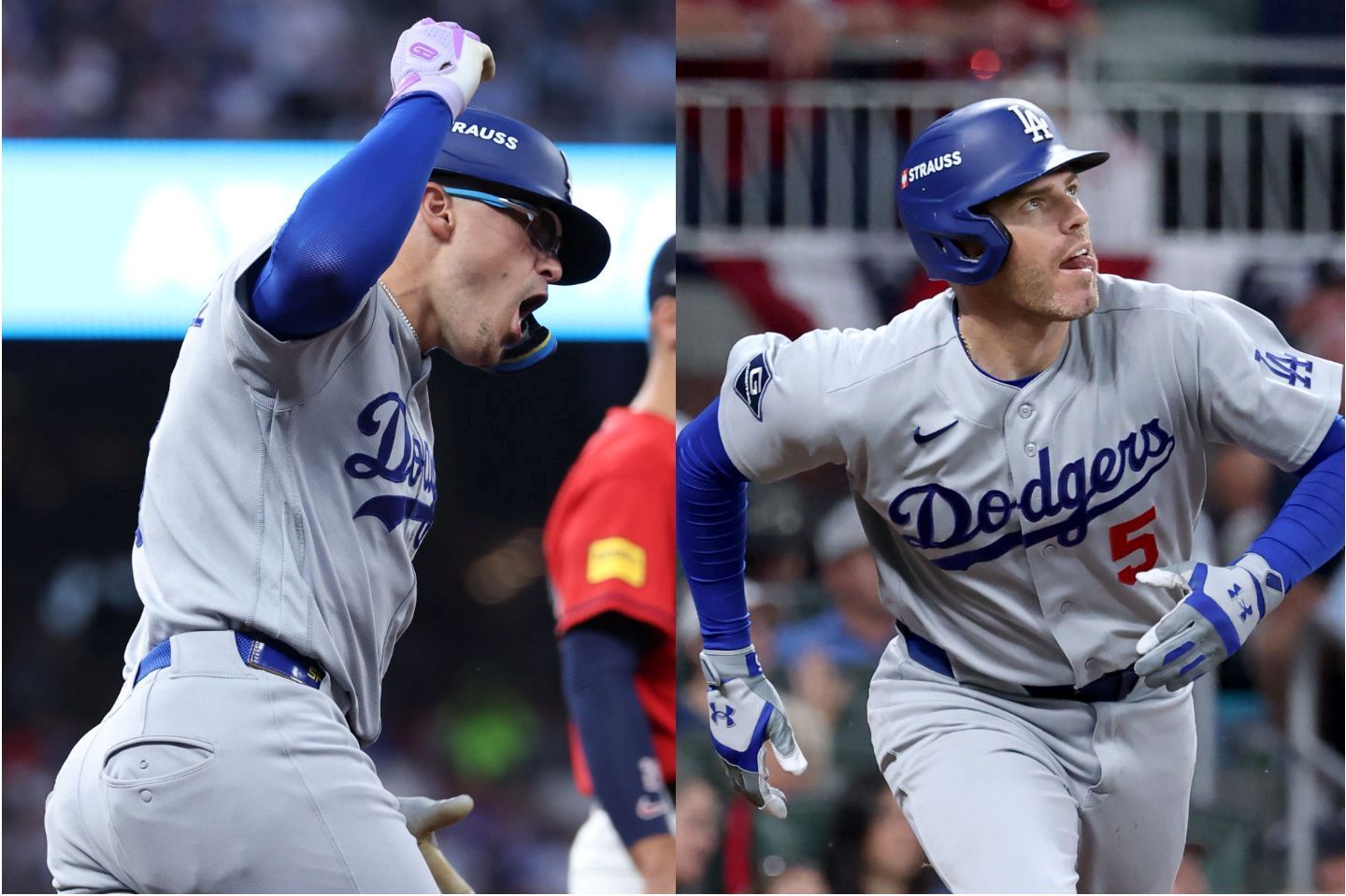 本塁打を放って勝利に貢献したK・ヘルナンデス（左）とフリーマン（右）。(C)Getty Images