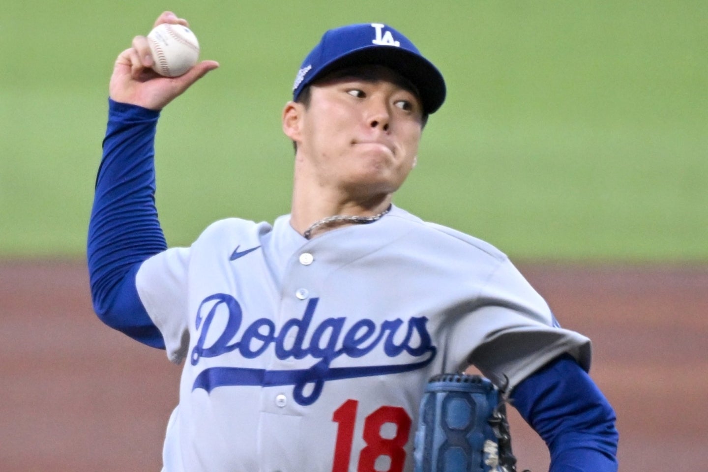 地区シリーズ第３戦の敵地ブレーブス戦で７回１失点と好投した山本由伸。(C)Getty Images