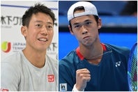 上海マスターズで予選を勝ち抜き、本戦２回戦ではルブレフから金星を挙げた坂本（右）。かつて錦織（左）から受けたアドバイスと、憧れの先輩への思いを語った。写真：滝川敏之、鈴木颯太郎