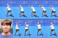 磯村志選手のフォアハンドトップスピン。ラケットを斜め上にスイングしながら、少し厚く当てて威力も加えると、高弾道でよく跳ねるスピンになるという。(C)THE DIGEST