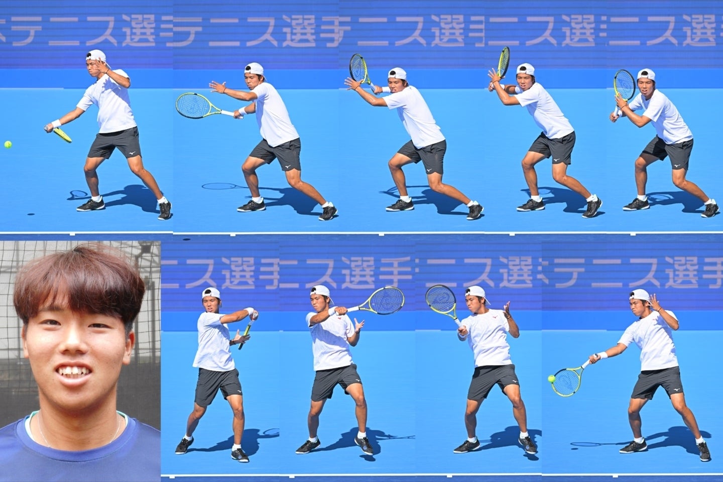磯村志選手のフォアハンドトップスピン。ラケットを斜め上にスイングしながら、少し厚く当てて威力も加えると、高弾道でよく跳ねるスピンになるという。(C)THE DIGEST