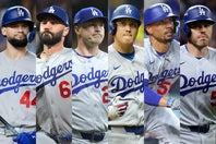 左からドジャースのアンディ・パヘス、タナー・スコット、タリク・スクーバル、大谷翔平、ムーキー・ベッツ、フレディ・フリーマン。(C)Getty Images