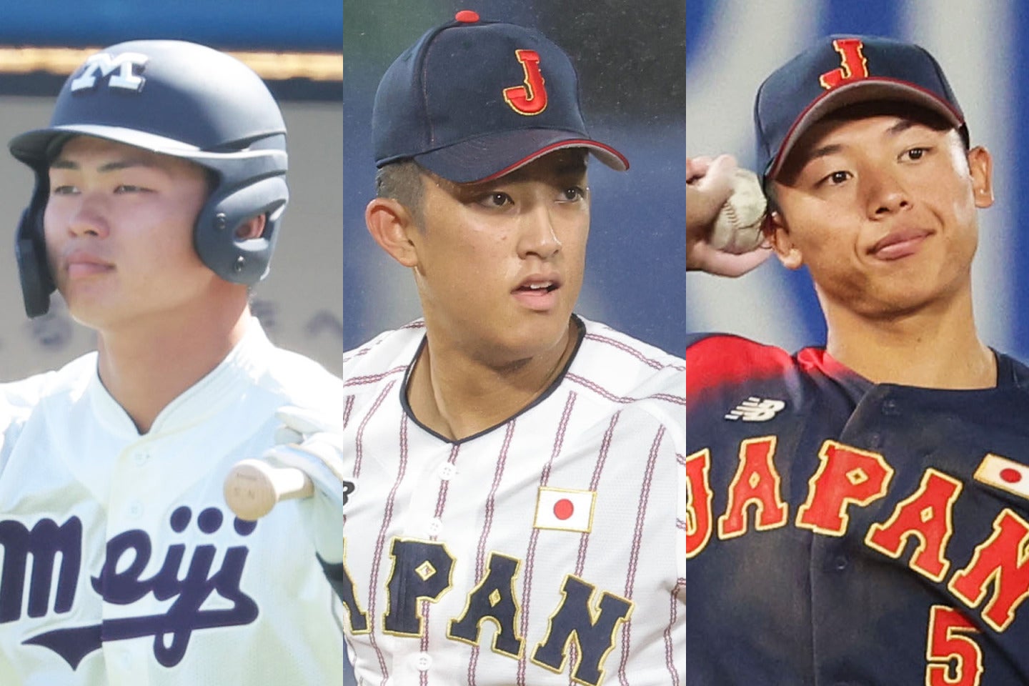 巨人はメジャー志望の織田（写真中央）を指名。阪神と広島は、ともに補強ポイントに合致する大学生野手の榊原、山里（左・右）を１位指名した　写真：THE DIGEST写真部