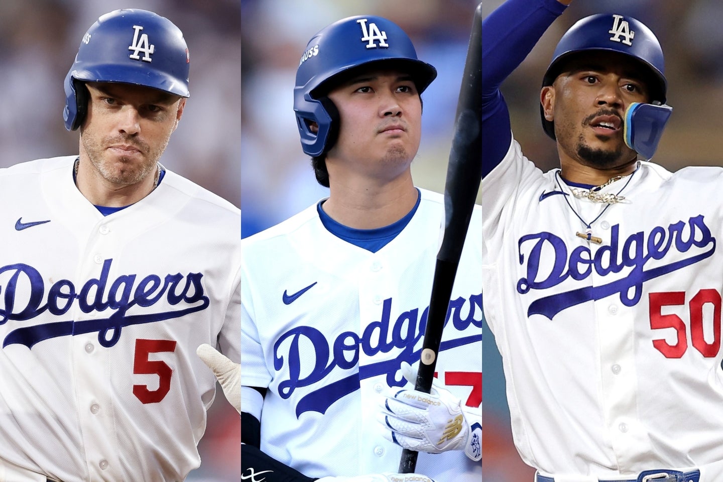 フリーマン（左）が37歳、大谷（中）が32歳、ベッツ（右）が34歳。主力のほとんどが30代のドジャースは、チームの若返りが喫緊の課題となっている。(C)Getty Images