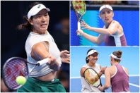 主催者推薦で本戦に出場した内島（左）は、世界ランキング14位のメルテンス（右上）を相手に豪快なウイナーを決める場面もあったが、要所でポイントを取り切れずストレートで敗れた。写真：梅月智史（THE DIGEST写真部）