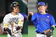 ソフトバンクの牧原（左）とDeNAの牧（右）に思わぬ衝突プレーが起きた。写真：梅月智史（THE DIGEST写真部）