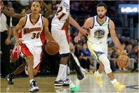 2009年10月28日のデビュー戦(左)と現在のカリー(右)。17年の月日が流れた。(C)Getty Images
