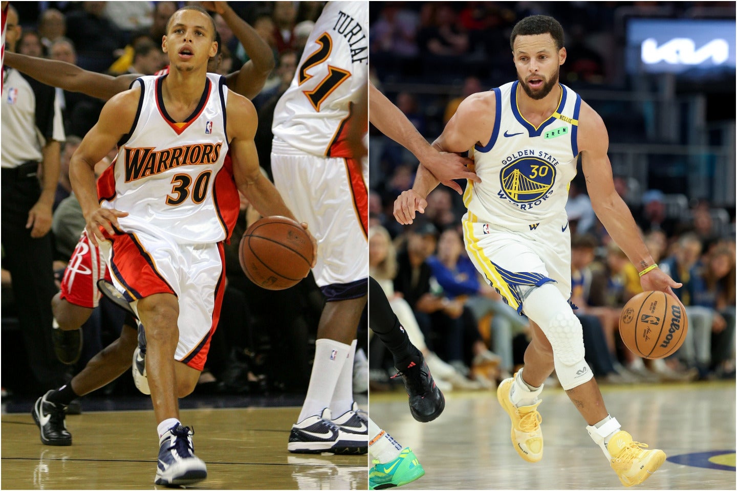 2009年10月28日のデビュー戦(左)と現在のカリー(右)。17年の月日が流れた。(C)Getty Images